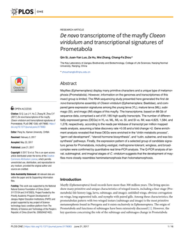 De Novo Transcriptome of the Mayfly Cloeon Viridulum and Transcriptional Signatures of Prometabola