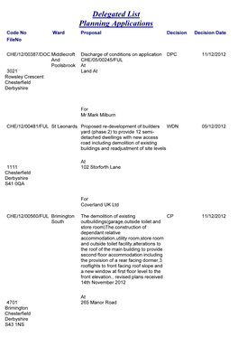 Delegated List Planning Applications Code No Ward Proposal Decision Decision Date Fileno