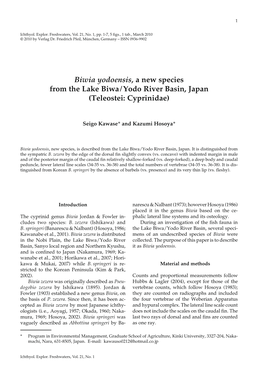 Biwia Yodoensis, a New Species from the Lake Biwa/Yodo River Basin, Japan (Teleostei: Cyprinidae)