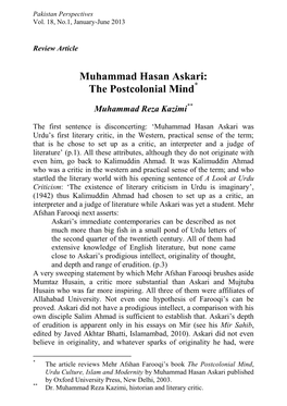 Muhammad Hasan Askari: the Postcolonial Mind*