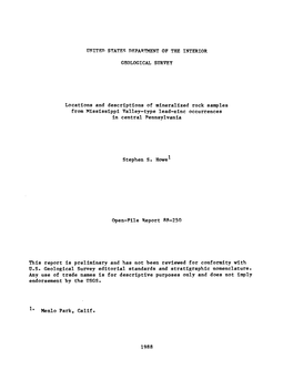 Locations and Descriptions of Mineralized Rock Samples from Mississippi Valley-Type Lead-Zinc Occurrences in Central Pennsylvania