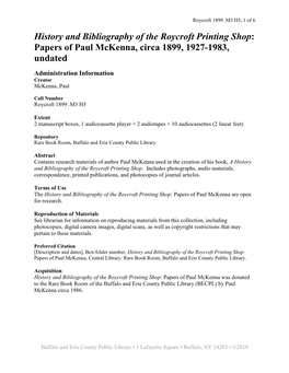 History and Bibliography of the Roycroft Printing Shop: Papers of Paul Mckenna, Circa 1899, 1927-1983, Undated