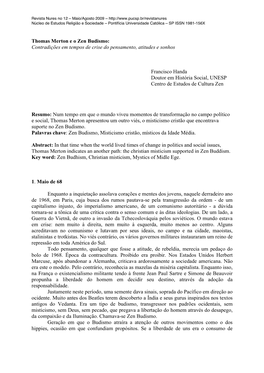 Thomas Merton E O Zen Budismo: Contradições Em Tempos De Crise Do Pensamento, Atitudes E Sonhos