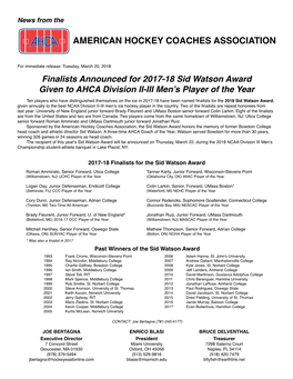 Finalists Announced for 2017-18 Sid Watson Award Given to AHCA