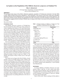 An Update on the Population of the Oilbird, Steatornis Caripensis, in Trinidad, W.I