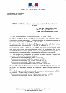 ARRÊTÉ Constatant Les Adhésions De Communes À La Charte Du Parc National Des Pyrénées