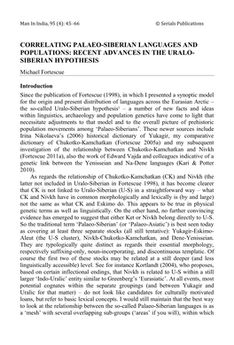 CORRELATING PALAEO-SIBERIAN LANGUAGES and POPULATIONS: RECENT ADVANCES in the URALO- SIBERIAN HYPOTHESIS Michael Fortescue