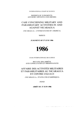 Case Concerning Military and Paramilitary Activities in and Against Nicaragua Affaire Des Activités Militaires Et Paramilitaire