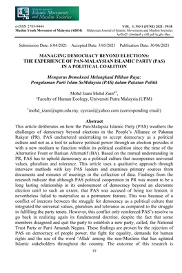 Managing Democracy Beyond Elections: the Experience of Pan-Malaysian Islamic Party (Pas) in a Political Coalition