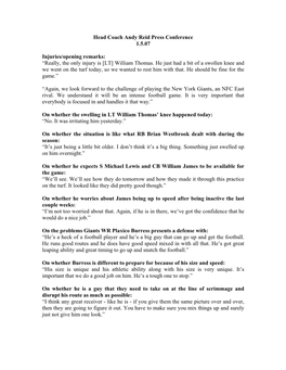 Head Coach Andy Reid Press Conference 1.5.07 Injuries/Opening