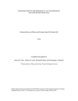 GEOLOGIC MAP of the BOZEMAN 30' X 60' QUADRANGLE