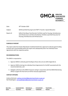 GM Brownfield Housing Fund (“BHF”) Tranche 1 Spend Allocation