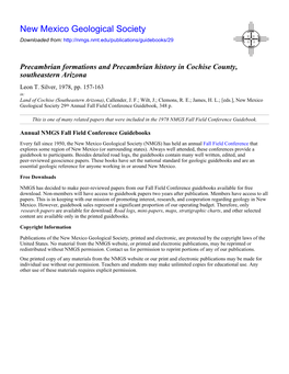 Precambrian Formations and Precambrian History in Cochise County, Southeastern Arizona Leon T