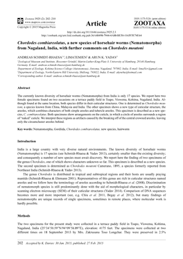 Nematomorpha) from Nagaland, India, with Further Comments on Chordodes Moutoni