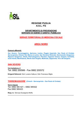 REGIONE PUGLIA ASL FG AREA NORD Tel. 0882 200566