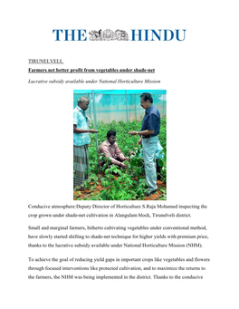 TIRUNELVELI, Farmers Net Better Profit from Vegetables Under Shade-Net