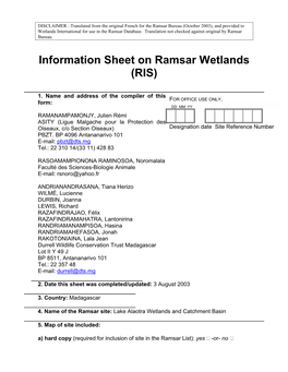 Information Sheet on Ramsar Wetlands (RIS)