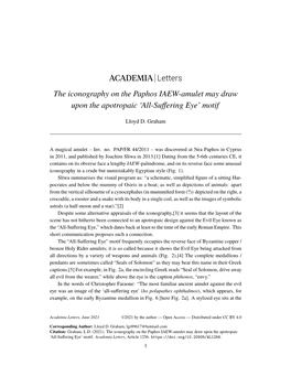 ACADEMIA Letters the Iconography on the Paphos IAEW-Amulet May Draw Upon the Apotropaic ‘All-Suffering Eye’ Motif