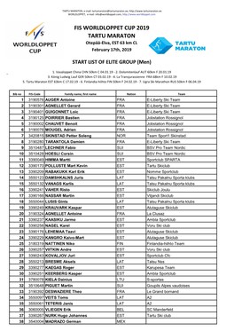 FIS WORLDLOPPET CUP 2019 TARTU MARATON Otepää-Elva, EST 63 Km CL February 17Th, 2019