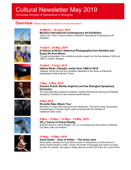 Swiss Cultural Events in May 2019