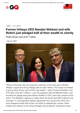 Former Infosys CEO Nandan Nilekani and Wife Rohini Just Pledged Half of Their Wealth to Charity That's 50 Per Cent of $1.7 Billion