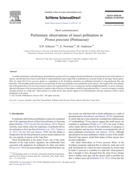 Preliminary Observations of Insect Pollination in Protea Punctata (Proteaceae) ⁎ S.D