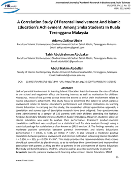 A Correlation Study of Parental Involvement and Islamic Education’S Achievment Among Smka Students in Kuala Terengganu Malaysia