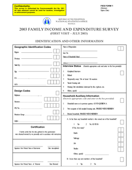 2003 Family Income and Expenditure Survey (First Visit – July 2003)