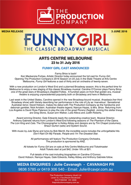 ARTS CENTRE MELBOURNE 23 to 31 July 2016 FUNNY GIRL CAST ANNOUNCED