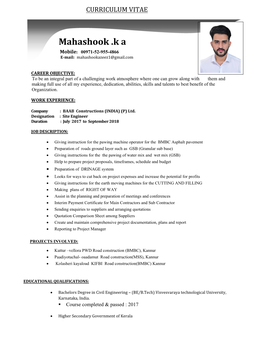 Mahashook .K a Mobile: 00971-52-955-4866 E-Mail: Mahashookazeez1@Gmail.Com