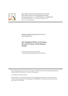 The Population History of Germany: Research Strategy and Preliminary Results