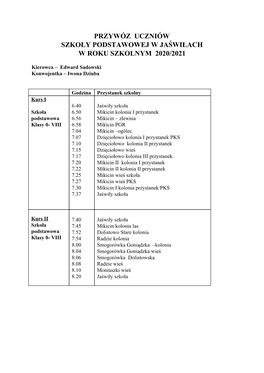 Przywóz Uczniów Szkoły Podstawowej W Jaświłach W Roku Szkolnym 2020/2021