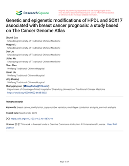 Genetic and Epigenetic Modifications of HPDL and SOX17 Associated with Breast Cancer Prognosis