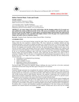 Indian Classical Music: Traits and Trends Samidha Vedabala Assistant Professor, Department of Music, Sikkim Central University, (Sikkim), INDIA