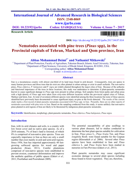 Nematodes Associated with Pine Trees (Pinus Spp), in the Provincial Capitals of Tehran, Markazi and Qom Province, Iran