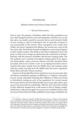 SWITZERLAND Stéphane Lathion and Andreas Tunger-Zanetti1 1 Muslim Populations Prior to 1960, the Presence of Muslims Within T