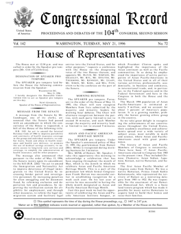 Congressional Record United States Th of America PROCEEDINGS and DEBATES of the 104 CONGRESS, SECOND SESSION