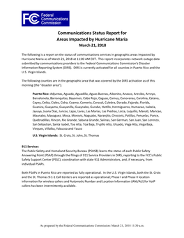 Communications Status Report for Areas Impacted by Hurricane Maria March 21, 2018
