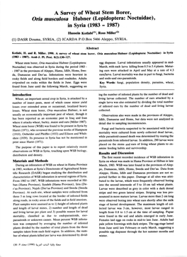 Oria Musculosa Hubner (Lepidoptera: Noctuidae), in Syria (1983 - L987) Hussein Koflabi(L), Ross Miller@) (1) DASR Douma, SYRIA, (2) ICARDA P.O.Box 5466 Aleppo, SYRIA