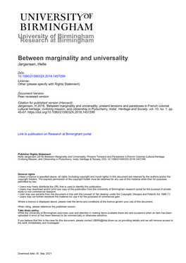 University of Birmingham Between Marginality and Universality