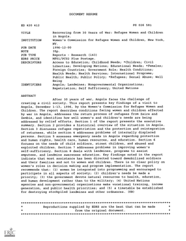 Refugee Women and Children in Angola. INSTITUTION Women's Commission for Refugee Women and Children, New York, NY PUB DATE 1996-12-00 NOTE 35P