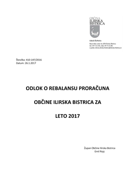 Odlok O Rebalansu Proračuna Občine Ilirska