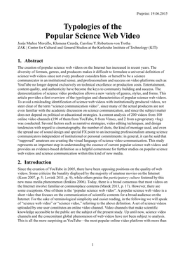 Typologies of the Popular Science Web Video Jesús Muñoz Morcillo, Klemens Czurda, Caroline Y