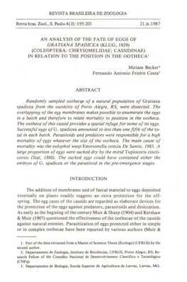 GRATIANA SPAD1CEA (KLUG, 1829) (COLEOPTERA: CHRYSOMELIDAE: CASSIDINAE) Ln RELATION to the POSITION Ln the OOTHECA'