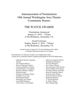 Announcement of Nominations 18Th Annual Washington Area Theatre Community Honors