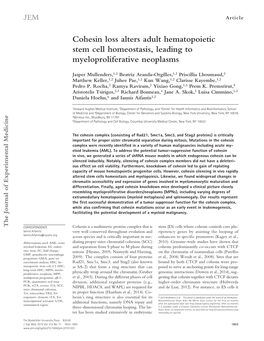 Cohesin Loss Alters Adult Hematopoietic Stem Cell Homeostasis, Leading to Myeloproliferative Neoplasms