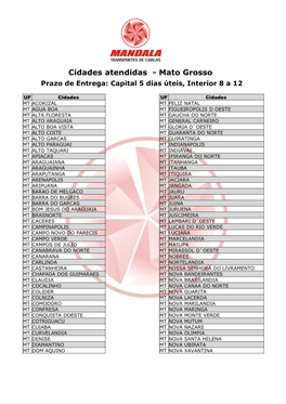 Cidades Atendidas - Mato Grosso Prazo De Entrega: Capital 5 Dias Úteis, Interior 8 a 12