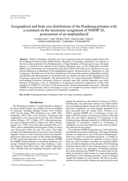 Geographical and Body Size Distributions of the Pondaung Primates with a Comment on the Taxonomic Assignment of NMMP 20, Postcra