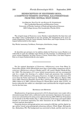 Redescription of Neotermes Mona, a Dampwood Termite (Isoptera, Kalotermitidae) from the Central West Indies