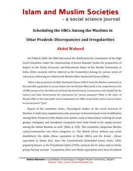 Scheduling the Obcs Among the Muslims in Uttar Pradesh